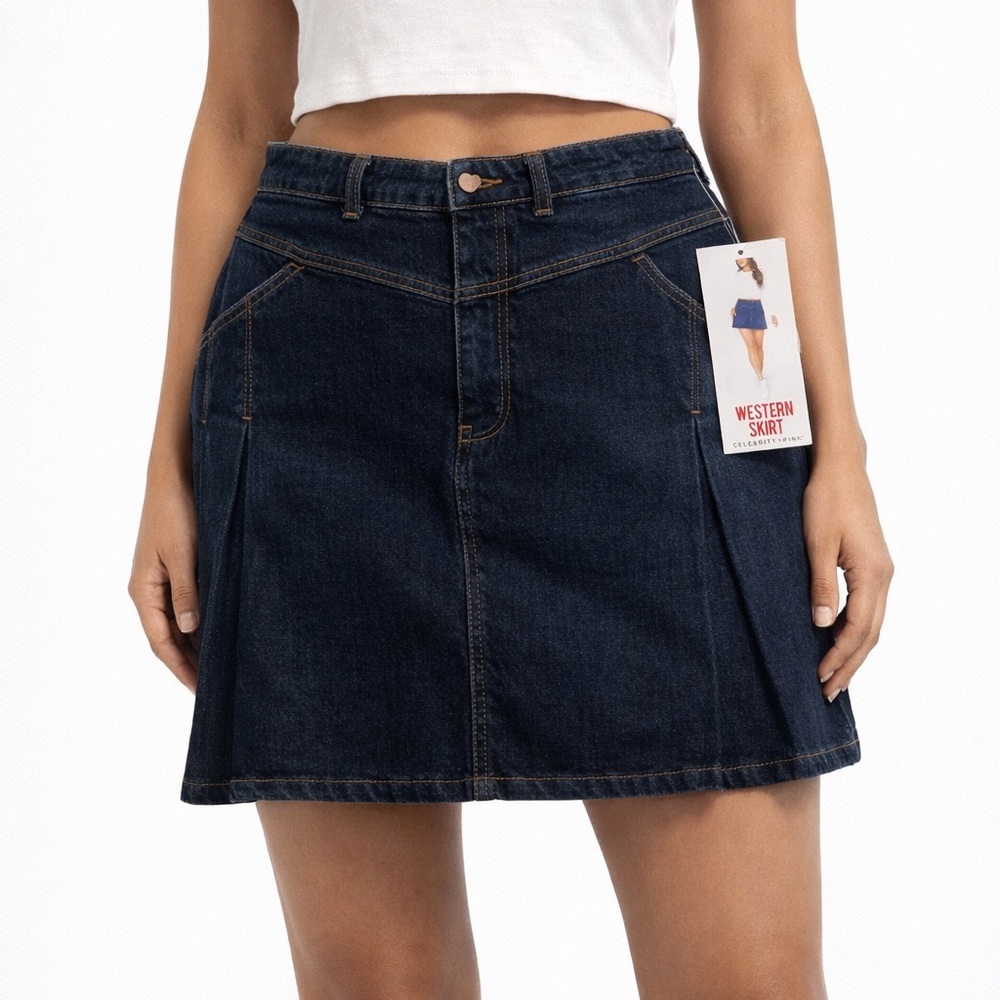 Celebrity Pink Denim Western Mini Skirt NWT Dark Wash Pleated Y2K Size ___
